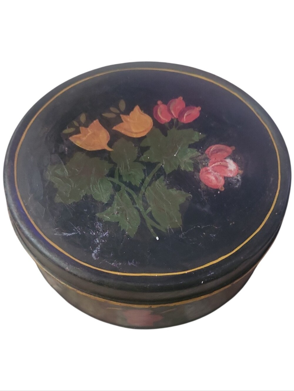 Vintage 50's Hand Painted Toleware Storage Tin Signed "Edna"